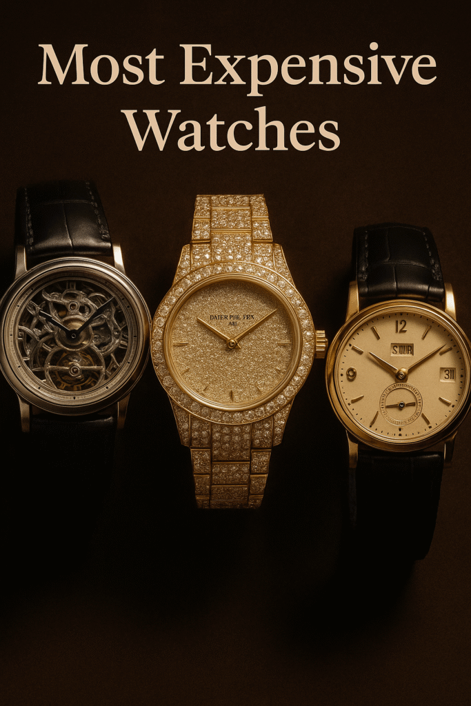 Three luxury wristwatches from iconic brands, including a diamond-studded Patek Philippe, presented against a dark velvet backdrop with the title "Most Expensive Watches" in elegant serif font, reflecting the timeless prestige of high-end horology.