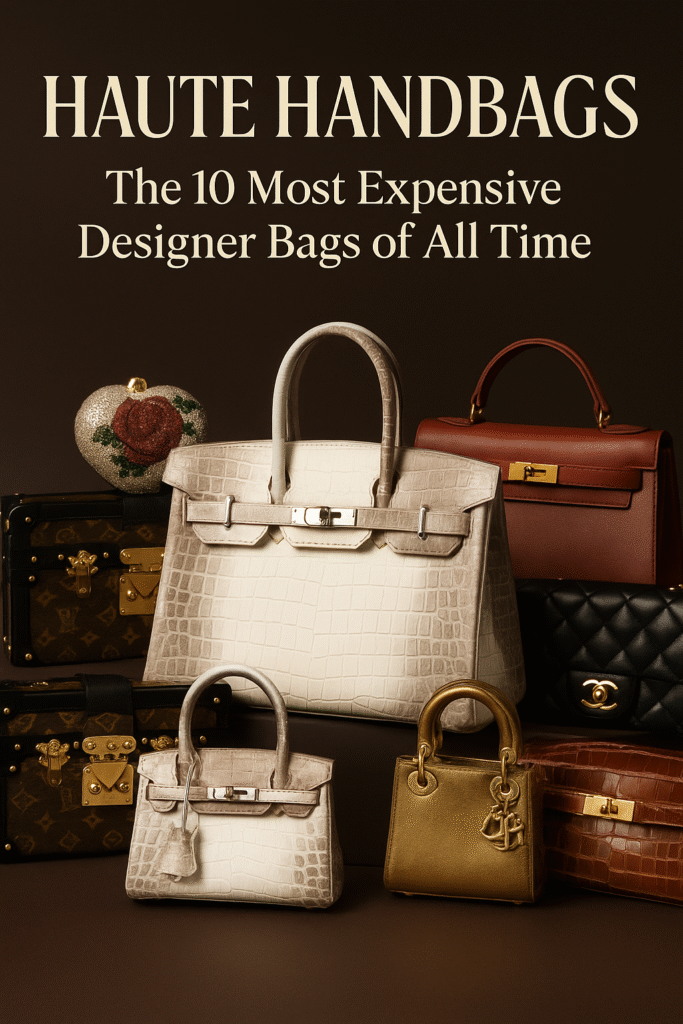 A photograph displays the Most Expensive Designer Bags on velvet pedestals, featuring iconic styles from Hermès, Chanel, and Louis Vuitton, captured in soft, diffused lighting to evoke exclusivity and sophistication.