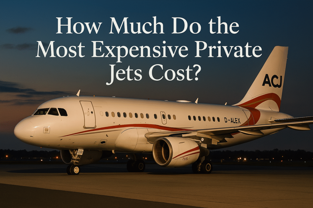 A private Airbus ACJ aircraft parked at dusk, with the headline “How Much Do the Most Expensive Private Jets Cost?” overlaid in elegant typography — illustrating the luxury and exclusivity associated with the most expensive private jets.