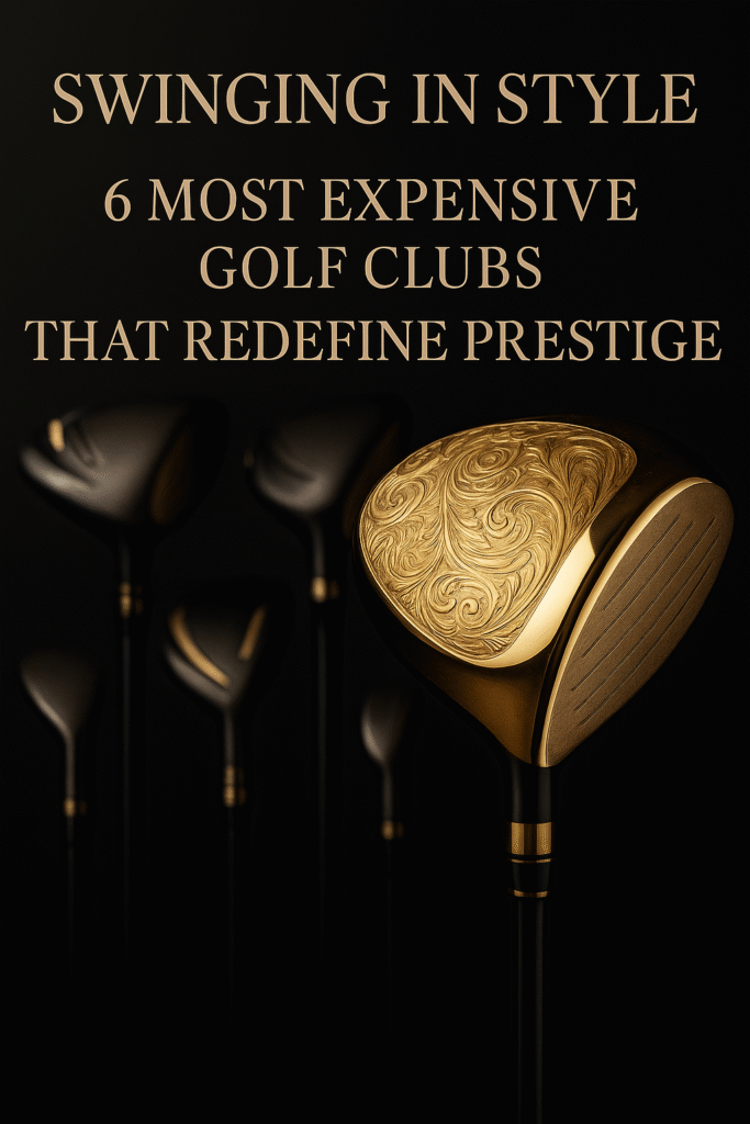 A luxury-themed digital photograph featuring a collection of the most expensive golf clubs, with a gold-plated driver prominently displayed in the foreground. The background is dark and elegant, subtly showcasing five additional high-end clubs in soft focus. The composition exudes prestige and exclusivity, with the title "Swinging in Style" displayed in refined serif typography at the top.
